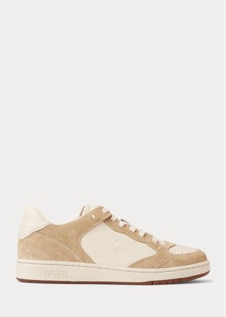 Beige Men’s Ralph Lauren Court Leather-Suede Sneakers