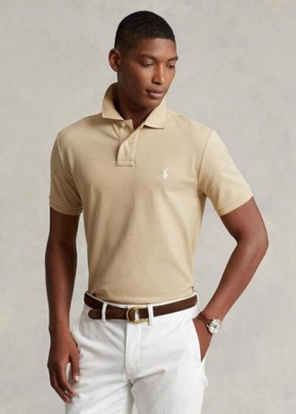 Beige Men’s Ralph Lauren Custom Slim Fit Mesh Polo Shirts