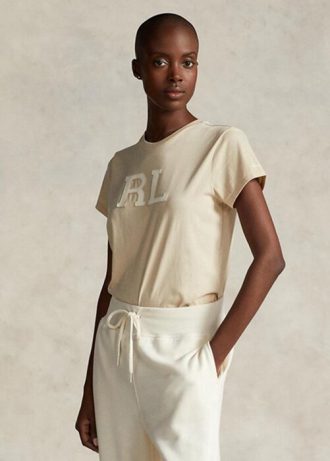 Beige Women’s Ralph Lauren Rl-suede-applique Jersey   T Shirts