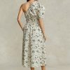 Black / Beige Women’s Ralph Lauren Floral Asymmetrical Shirred Poplin Dress