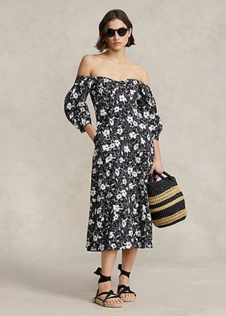 Black / Cream Women’s Ralph Lauren Floral Off-the-Shoulder Linen Dress