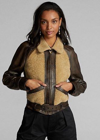 Black / Cream Women’s Ralph Lauren Shearling-Paneled Leather Jackets