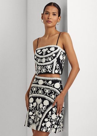 Black / White Women’s Ralph Lauren Embroidered Cropped Sleeveless Blouse Tops