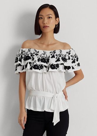 Black / White Women’s Ralph Lauren Embroidered Jersey Off-the-Shoulder Tops