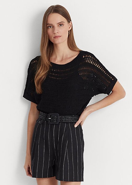 Black Women’s Ralph Lauren Cotton Mesh Short-Sleeve Sweaters Black Women’s Ralph Lauren Cotton Mesh Short-Sleeve Sweaters