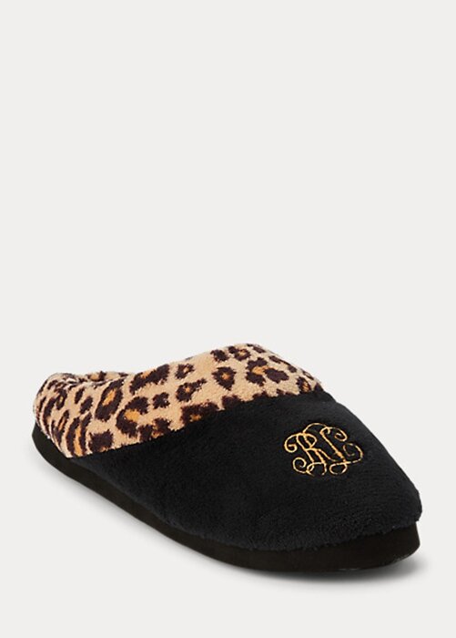 Black Women’s Ralph Lauren Leopard Logo Slippers Black Women’s Ralph Lauren Leopard Logo Slippers