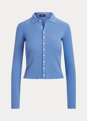 Blue Women’s Ralph Lauren Cropped Ribbed Button-Front Polo Shirts