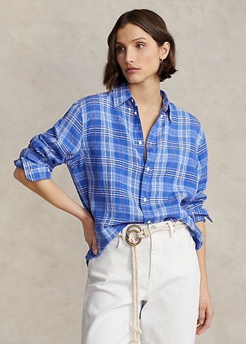 Blue Women’s Ralph Lauren Relaxed Fit Plaid Linen Shirts Blue Women’s Ralph Lauren Relaxed Fit Plaid Linen Shirts