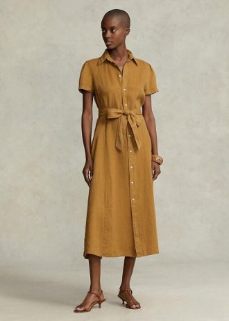 Brown Women’s Ralph Lauren Belted Linen Short-Sleevedress Dress
