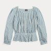 Cream / Blue Women’s Ralph Lauren Gingham Voile Peplum Blouse Shirts Cream / Blue Women’s Ralph Lauren Gingham Voile Peplum Blouse Shirts