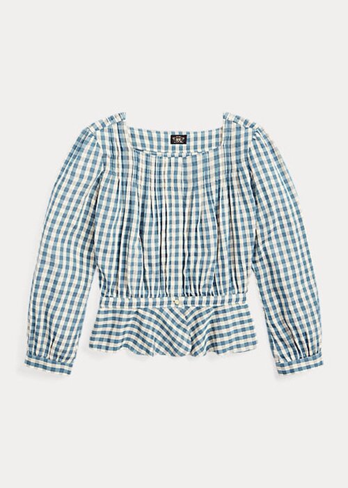 Cream / Blue Women’s Ralph Lauren Gingham Voile Peplum Blouse Shirts Cream / Blue Women’s Ralph Lauren Gingham Voile Peplum Blouse Shirts