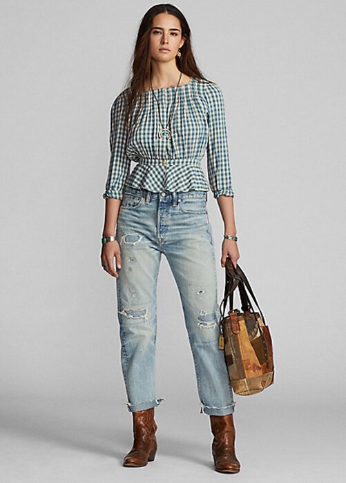 Cream / Blue Women’s Ralph Lauren Gingham Voile Peplum Blouse Shirts Cream / Blue Women’s Ralph Lauren Gingham Voile Peplum Blouse Shirts