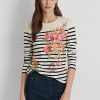 Cream / Navy Women’s Ralph Lauren Floral & Striped Jersey Long-Sleeve T Shirts