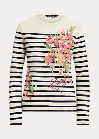 Cream / Navy Women’s Ralph Lauren Floral & Striped Jersey Long-Sleeve T Shirts