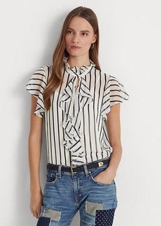 Cream / Navy Women’s Ralph Lauren Striped Ruffle-Trim Chiffon Blouse Shirts