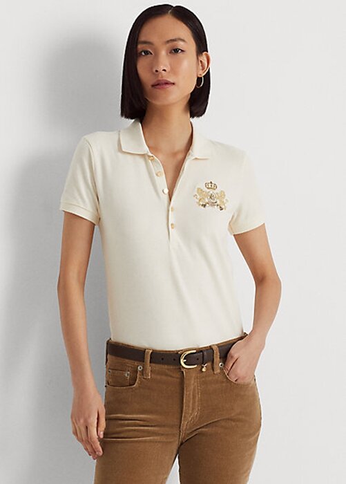 Cream Women’s Ralph Lauren Beaded-Crest Piqué Polo Shirts Cream Women’s Ralph Lauren Beaded-Crest Piqué Polo Shirts