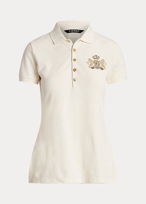 Cream Women’s Ralph Lauren Beaded-Crest Piqué Polo Shirts Cream Women’s Ralph Lauren Beaded-Crest Piqué Polo Shirts