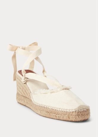 Cream Women’s Ralph Lauren Fringe-Trim Canvas Wedge Flat Shoes Cream Women’s Ralph Lauren Fringe-Trim Canvas Wedge Flat Shoes