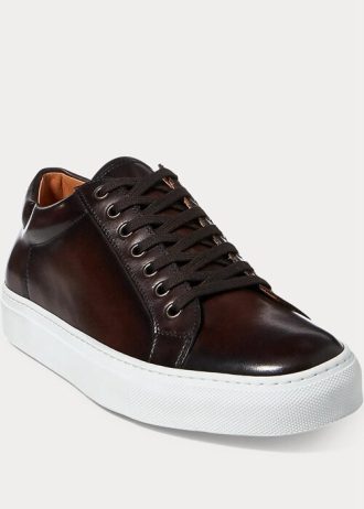 Dark Brown Men’s Ralph Lauren Severn Burnished Calfskin Sneakers