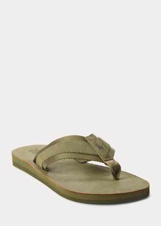 Dark Olive Men’s Ralph Lauren Grosgrain-Trim Suede Flip Flops