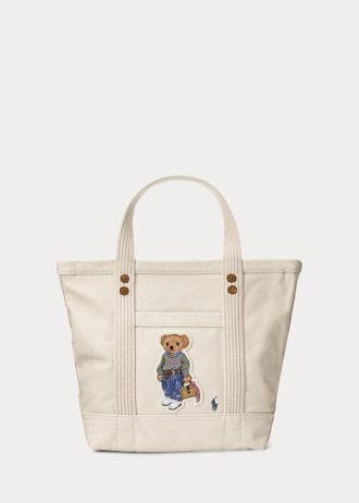 Ecru Multi Women’s Ralph Lauren Canvas Small New Orleans Polo Bear Tote Bags