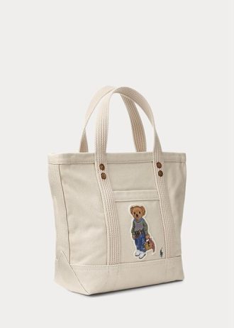 Ecru Multi Women’s Ralph Lauren Canvas Small New Orleans Polo Bear Tote Bags