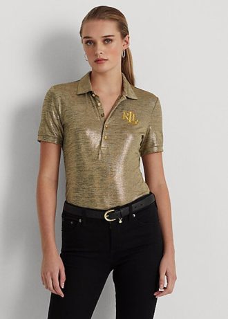 Gold Women’s Ralph Lauren Foil-Print Jersey Polo Shirts Gold Women’s Ralph Lauren Foil-Print Jersey Polo Shirts
