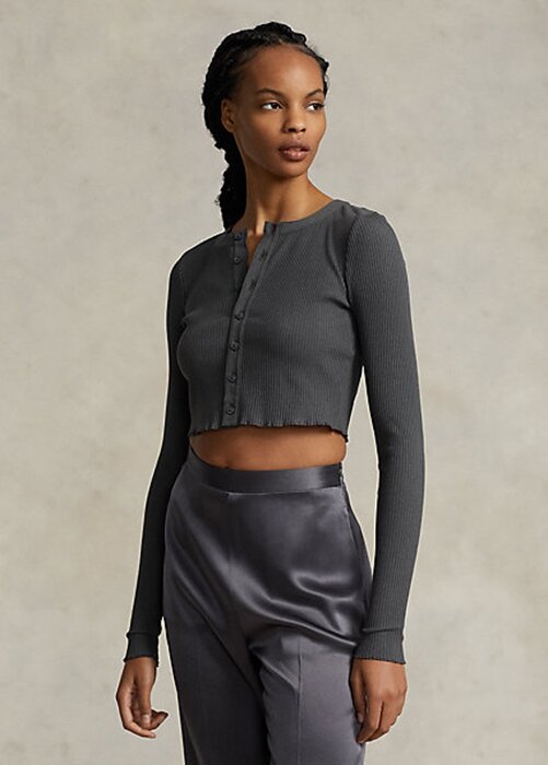 Grey Women’s Ralph Lauren Ribbed Button-Front Cropped Tops Grey Women’s Ralph Lauren Ribbed Button-Front Cropped Tops