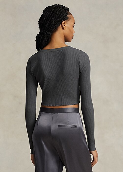 Grey Women’s Ralph Lauren Ribbed Button-Front Cropped Tops Grey Women’s Ralph Lauren Ribbed Button-Front Cropped Tops