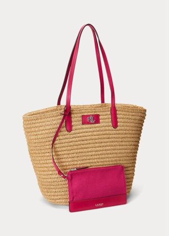 Natural/Sport Pink Women’s Ralph Lauren Leather-Trim Straw Large Brie Tote Bags Natural/Sport Pink Women’s Ralph Lauren Leather-Trim Straw Large Brie Tote Bags
