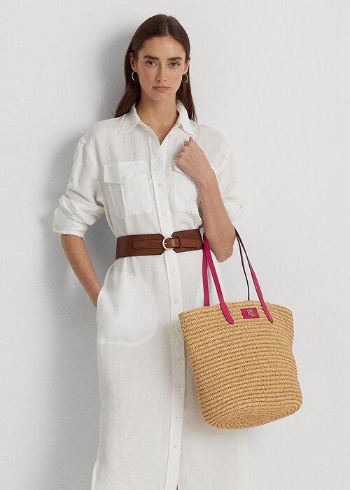 Natural/Sport Pink Women’s Ralph Lauren Leather-Trim Straw Large Brie Tote Bags Natural/Sport Pink Women’s Ralph Lauren Leather-Trim Straw Large Brie Tote Bags