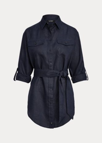 Navy Women’s Ralph Lauren Belted Linen Shirts Navy Women’s Ralph Lauren Belted Linen Shirts