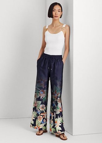 Navy Women’s Ralph Lauren Floral Charmeuse Wide-Leg Pants