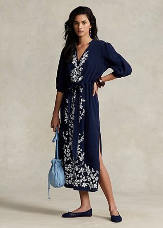Navy Women’s Ralph Lauren Floral-Embroidered Gauze Maxidress Dress