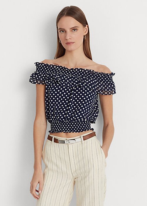 Navy Women’s Ralph Lauren Polka-dot Off-the-shoulder Blouse Shirts Navy Women’s Ralph Lauren Polka-dot Off-the-shoulder Blouse Shirts
