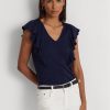 Navy Women’s Ralph Lauren Ruffle-trim Rib-knit T Shirts Navy Women’s Ralph Lauren Ruffle-trim Rib-knit T Shirts