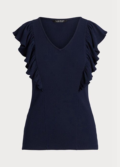 Navy Women’s Ralph Lauren Ruffle-trim Rib-knit T Shirts Navy Women’s Ralph Lauren Ruffle-trim Rib-knit T Shirts