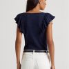Navy Women’s Ralph Lauren Ruffle-trim Rib-knit T Shirts Navy Women’s Ralph Lauren Ruffle-trim Rib-knit T Shirts
