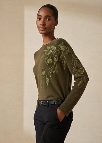 Olive Women’s Ralph Lauren Embellished Cashmere Crewneck Sweaters