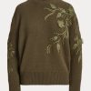 Olive Women’s Ralph Lauren Embellished Cashmere Crewneck Sweaters