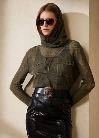 Olive Women’s Ralph Lauren Funnelneck Silk-Linen Mesh Sweaters