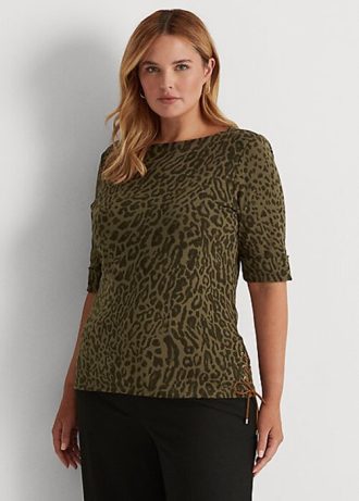 Olive Women’s Ralph Lauren Ocelot-Print Cotton Boatneck Tops