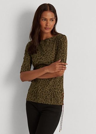 Olive Women’s Ralph Lauren Ocelot-Print Cotton Boatneck Tops