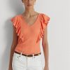 Orange Women’s Ralph Lauren Ruffle-trim Rib-knit   T Shirts