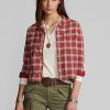 Red Women’s Ralph Lauren Plaid-Print Jersey Camp Shirts
