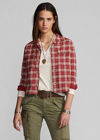Red Women’s Ralph Lauren Plaid-Print Jersey Camp Shirts