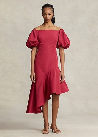 Red Women’s Ralph Lauren Ruffled Asymmetrical Taffeta Gown Dress