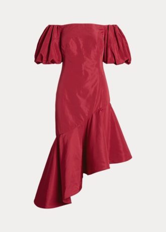 Red Women’s Ralph Lauren Ruffled Asymmetrical Taffeta Gown Dress