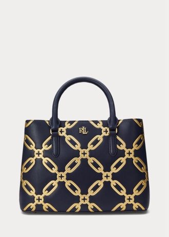 Refined Navy/Modern Gold Women’s Ralph Lauren Foil-Print Leather Medium Marcy Satchel Bags