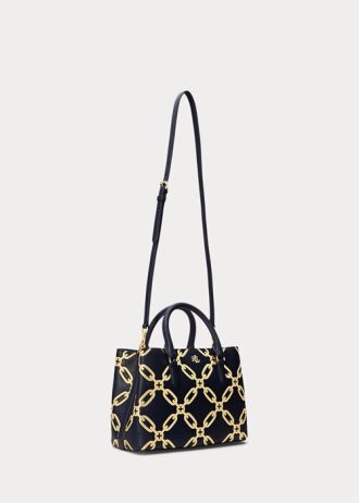Refined Navy/Modern Gold Women’s Ralph Lauren Foil-Print Leather Medium Marcy Satchel Bags